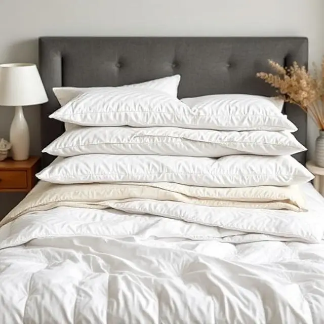 A perfectly layered bed showing a complete bedding bundle