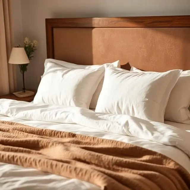 Beautifully made bed with plush pillows and soft sheets