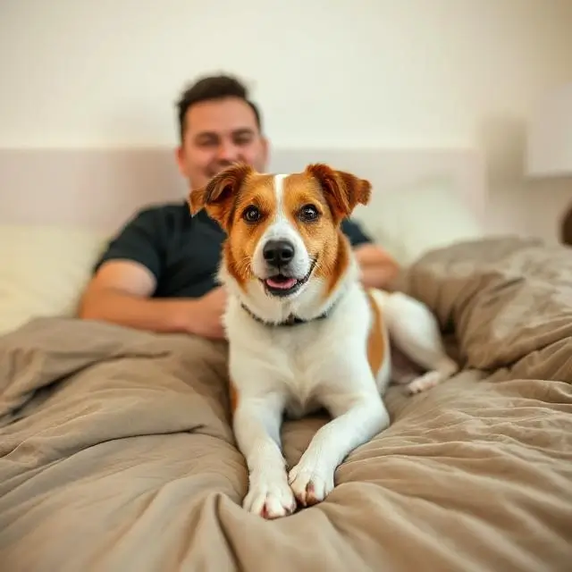 Customer photo with a pet on the bed