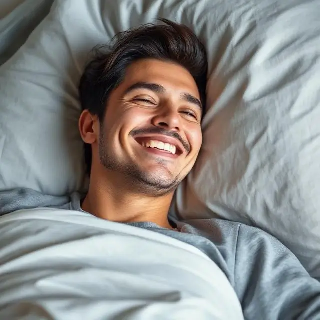 Smiling person waking up refreshed