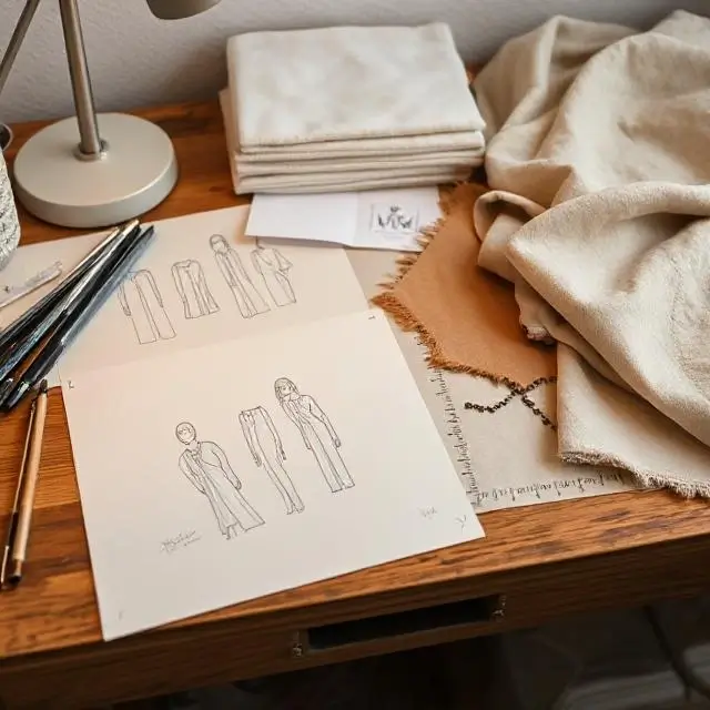 Sketches and fabric samples on a desk