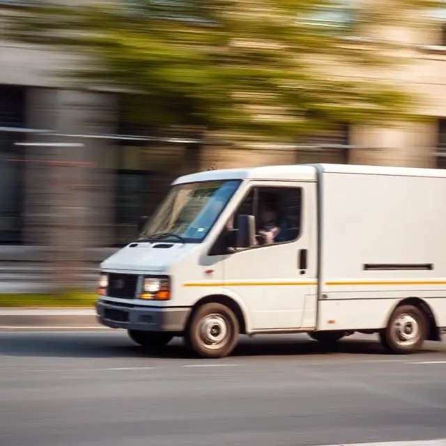 A delivery truck in motion