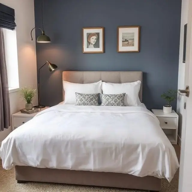 A stylish Full bed in a small bedroom